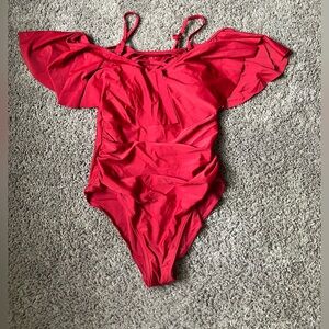 Wine Red One-Piece‎ Swimsuit with Off The Shoulder Sleeves